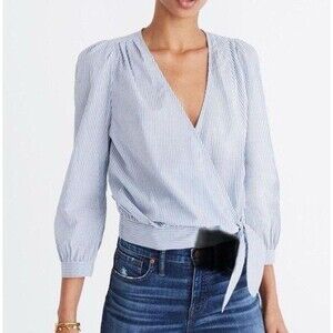 Madewell Wrap Top Indigo Stripe Women Size M Blue White Beach Coastal Cottage
